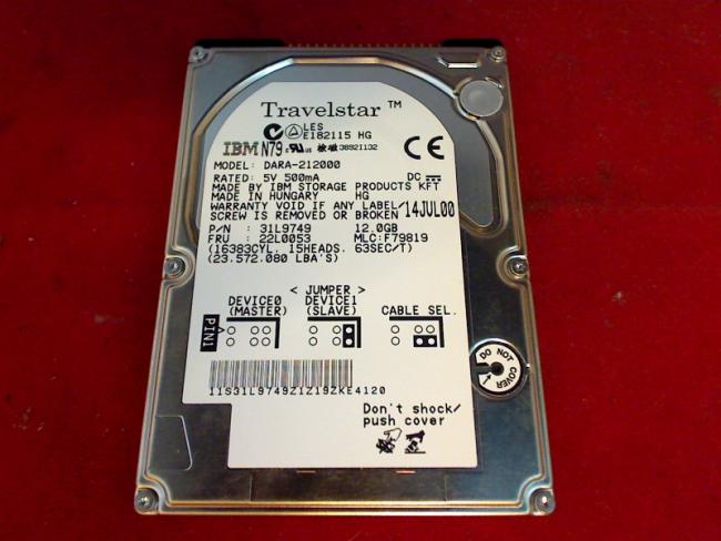 12GB Travelstar DARA-212000 2.5" IDE HDD Festplatte IBM ThinkPad 570E 2644