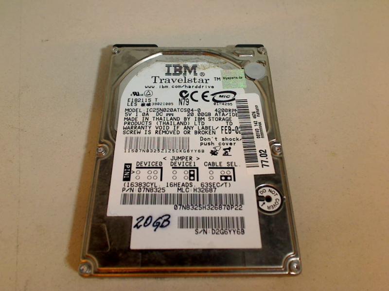20GB IBM IC25N020ATCS04-0 2.5\" IDE HDD Festplatte Acer 1360 1362LM
