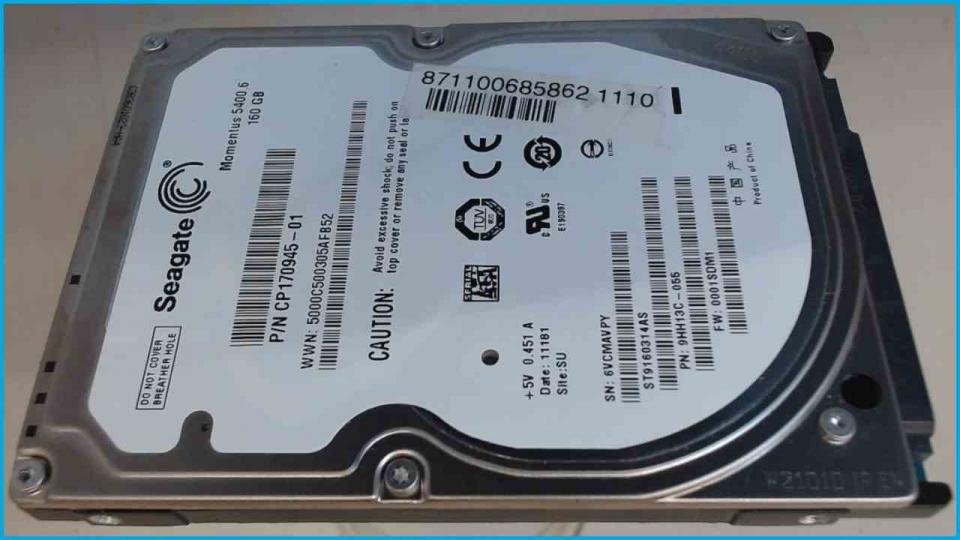 HDD Festplatte 2,5" 160GB Seagate SATA (1318h) HP G62 G62-a53SG