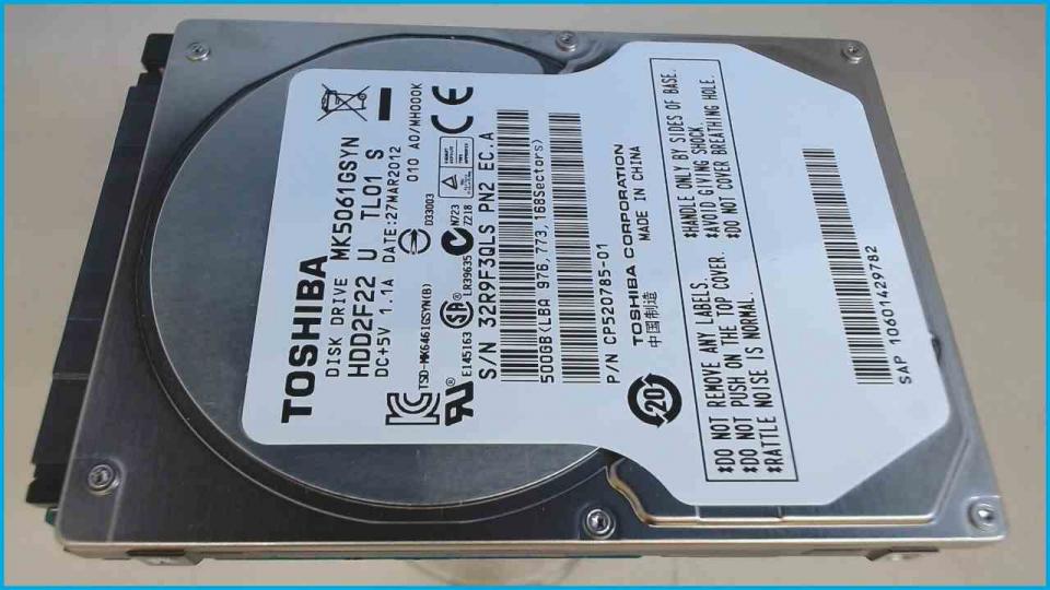 HDD Festplatte 2,5\" 500GB SATA 7200RPM 16MB Toshiba HDD2F22 (Neuwertig 212h)