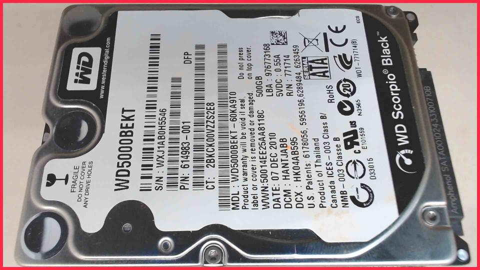 HDD Festplatte 2,5\" 500GB SATA 7200RPM 16MB Western Digital WD5000BEKT (1807h)