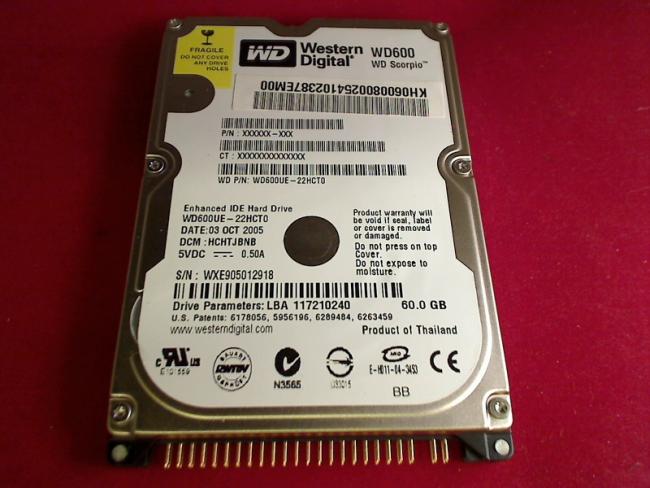 60GB HDD Festplatte 2.5" IDE Western Digital WD600UE Acer Extensa 6700 6702WLMi