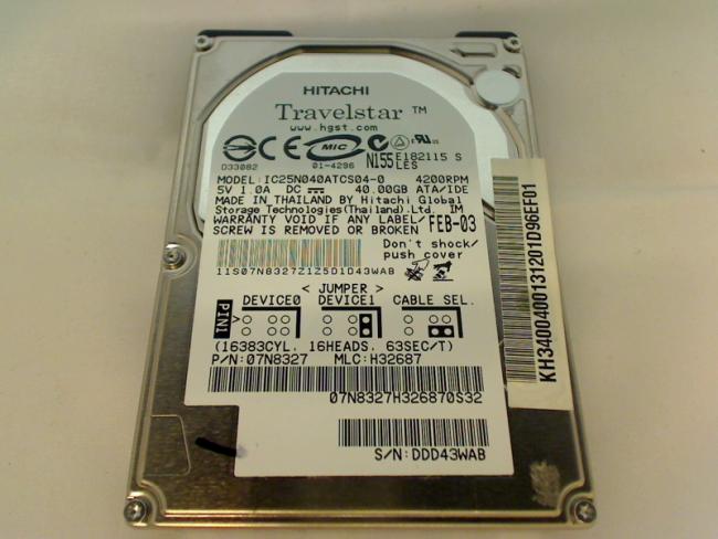 40GB Hitachi IC25N040ATCS04-0 2.5\" IDE HDD Festplatte Acer Travelmate 650 653LC