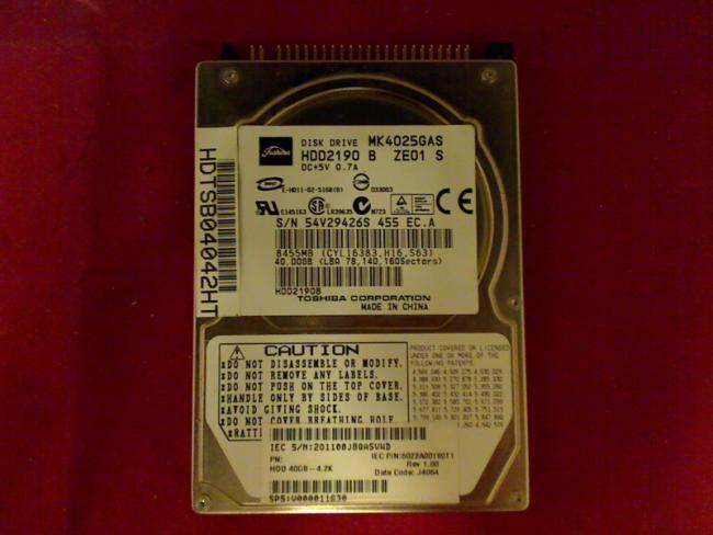 40GB Toshiba HDD2190 B ZE01 S 2.5\" IDE Festplatte Acer Aspire 1690 ZL3